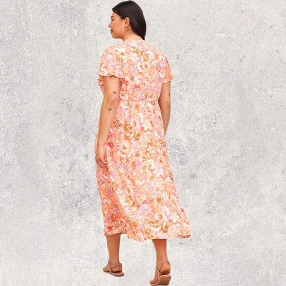 TORRID PLUS SIZE LACE- UP TEA LENGTH CRINKLE GAUZE FLORAL CORAL DRESS. - Picture 11 of 16